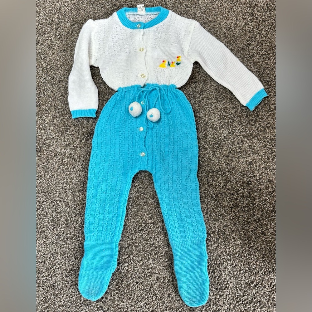 Vintage 70’s Baby One Piece Blue/White Ducklings Pom Pom Tie Waist Pearl Buttons